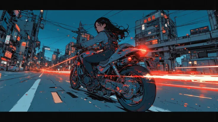 movie poster、 taken from below、 Fisheye 、rear view of a woman riding a motorcycle accelerating through the city at night、Motorbike runs through the highway at night、Buildings、The red taillight line is blurry、flowing taillights、The tail lamp is pulling its ...