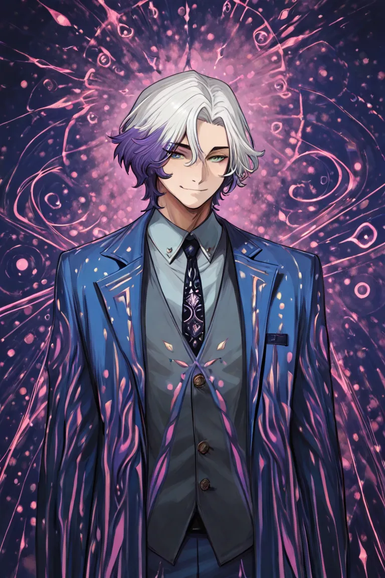 Pastel-tone hair with speckled gradients,White hair at the top,Gradation head that runs blue and purple as it descends to and,Shimmering green eyes,Pastalton mauve purple shock cape,Pastel-toned light blue suit, Top shot ,man,Hypnotist ,dream,Monochromatic...