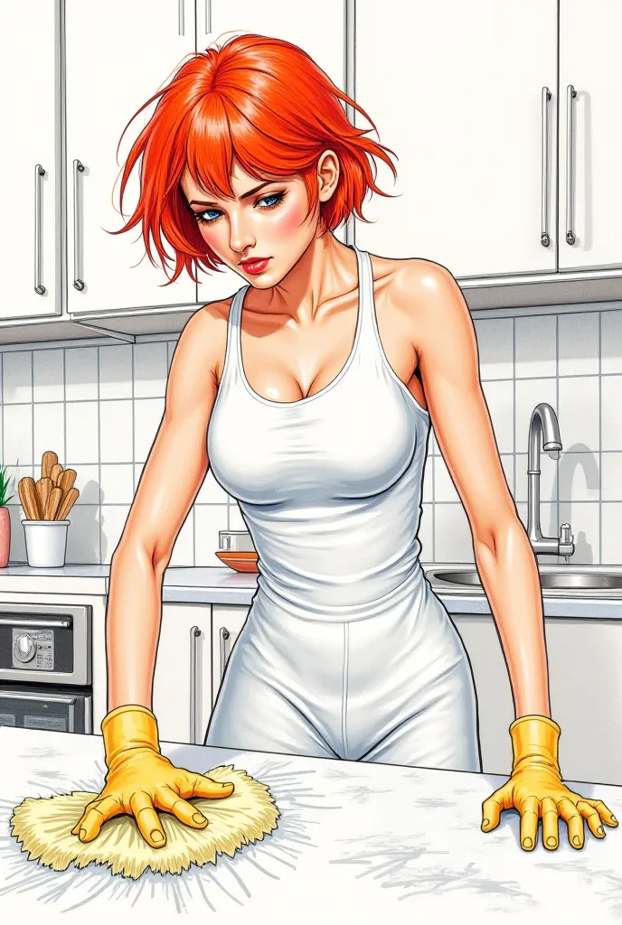 Colored pencil sketch. A pretty young woman with short red hair in a white body-tight jumpsuit is angrily cleaning the kitchen. Illustration 