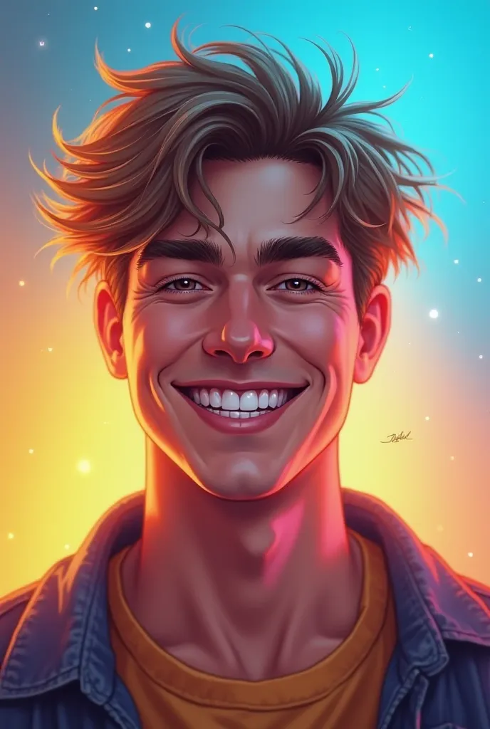 A high-resolution, stylized portrait of MrBeast smiling warmly, with a bright and energetic glow around his face. Use vibrant, modern colors like electric blue, yellow, and orange in the background, blending into a gradient. Add subtle, artistic effects li...