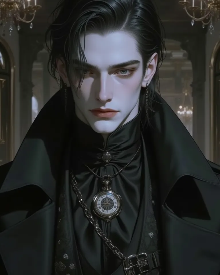 A tall, handsome nobleman from the 1880s European aristocracy. He has sharp, chiseled facial features, silver-gray eyes, and jet-black hair neatly styled to his nape. His skin is pale like marble. He wears an elegant black suit with a long, high-collared c...