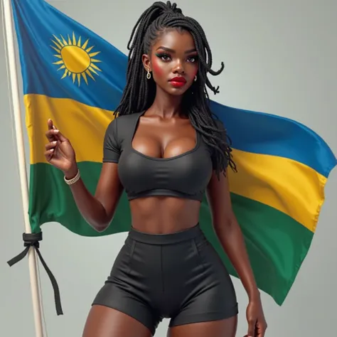 A 3d image of a stunning Rwandan Gen Z young woman, around 22 years old, with a curvy, attractive body, wide hips, and a confident, sultry expression. She has dark skin, full lips, and captivating eyes. She is wearing a stylish, form-fitting modern outfit ...