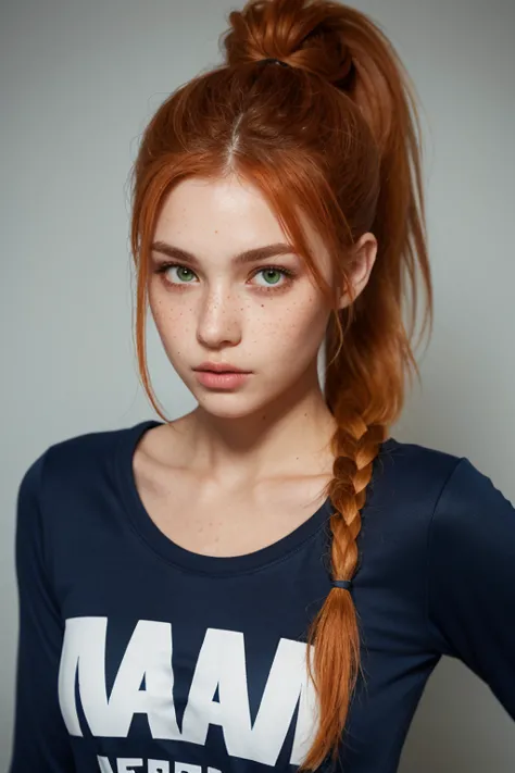  A Caucasian woman, with orange hair, which is informally attached, making a ponytail and leaving two Straps of hair separated at the front, his eyes are an intense water green color, Her nose is small and thin , has freckles that cover the middle area of ...