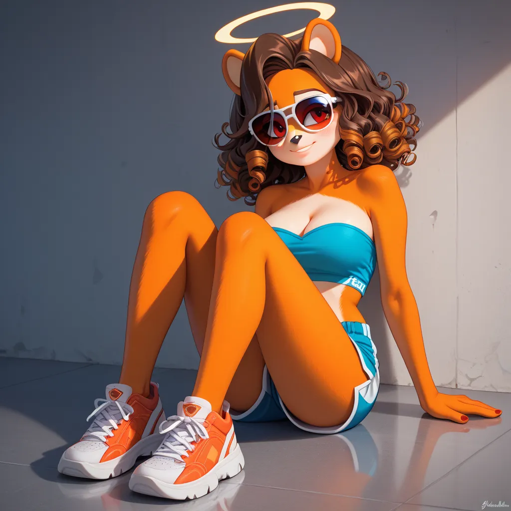 solo, mobian, hedgehog, two-tone fur ((orange fur, brown fur)), pyjama elastic shorts, strapless crop top, cleavage, high-top sneakers, two-tone hair (brown hair, black tip)), curly hair, halo, sunglasses, jewelry, red eyes, longeyelashes, red eyes, smile,...