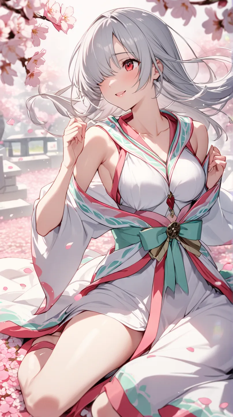 （Highest quality)、beautiful woman under hoodie（red eyes）cute要素。beautiful woman under hoodieの顔、Shy expression、 Silver Hair、 Red、smile（ closes one eye、Looking up）、 Superb Woman 、cuteShrine maiden outfitの少女、 surrounded by beautiful petals、 One Eye Covered wit...