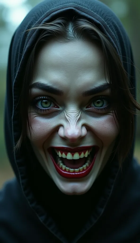 a woman with a terrifying smile, detailed facial features, dark fantasy, horror, cinematic lighting, chiaroscuro, dramatic colors, dark atmosphere, gothic, dark, dramatic