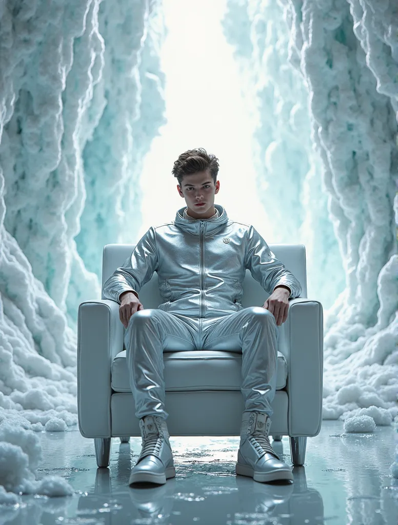 A young man in silver clothes on an armchair surrounded by ice, swords of glass floating in the air