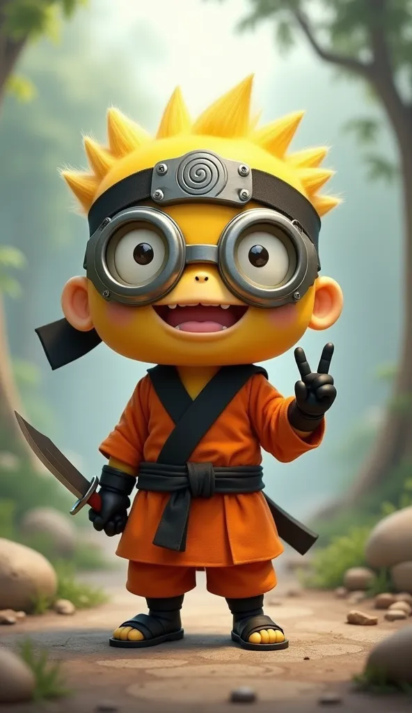 A small, cylindrical, yellow creature with a playful expression, standing upright. The creature has large, round, silver goggles with a black strap covering its eyes, and a wide, mischievous smile. Its body is dressed in a bright orange ninja outfit with b...