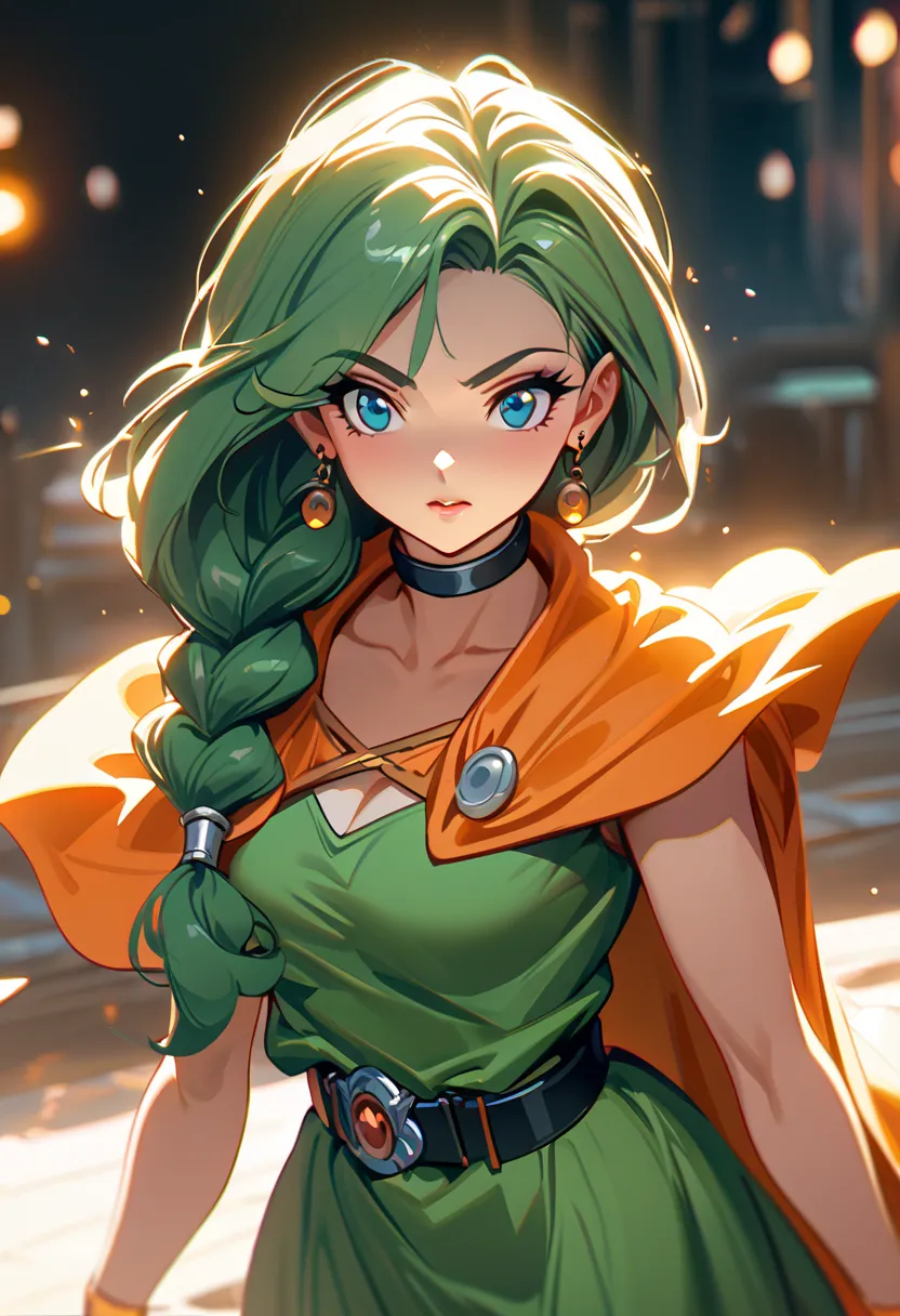 (dqBianca:1.2), cute anime girl, single braid, hair over shoulder, earrings, choker, orange cape, green dress, belt, high quality, ultra detailed, sharp focus, cinematic lighting