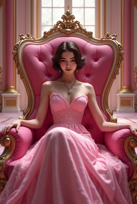 Beautiful short haired brown queen sitting on the pink throne in the pink castle her slave man Ajuelho dolado da Reina