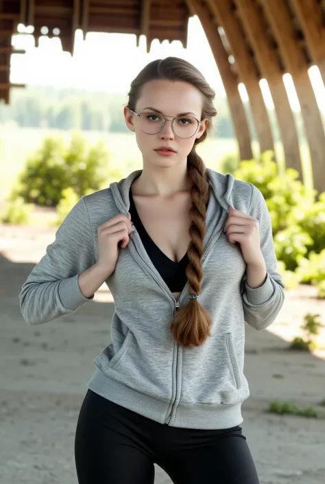 A young Finnish woman, pale skin, light brown hair, big buttocks, busty. He wears a sweaty gray hoodie, leggings, wear glasses. 