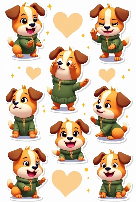 stickers of different emotions, cartoon style of the puppy mascot in Free Fire, And that it has a green sweater