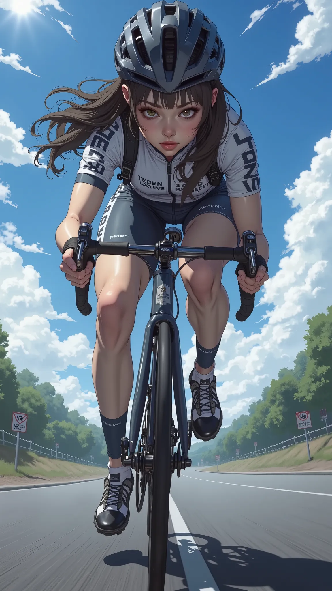 （Beautiful  old girl training on a road bike、  have big eyes and a tall nose、Dark brown long hair,(Racing helmet、 racing suit,  racing gloves、Toned thighs、 muscular body ),(躍dynamicなアングル、 Bold Composition 、Beautiful girl showing maximum strength leaning fo...