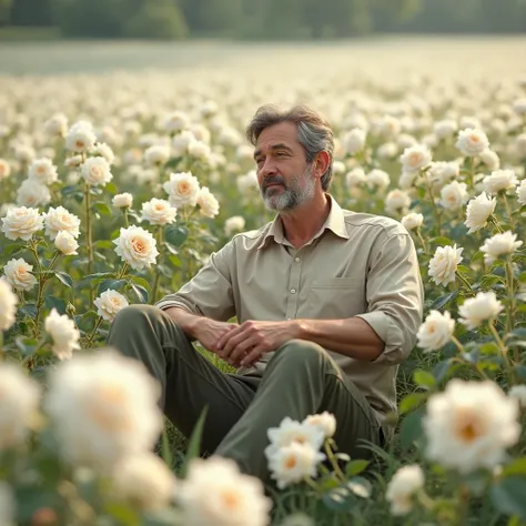 A man wearing olive pants and a beige shirt sits in a field of white roses 