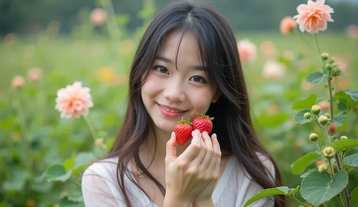 A photo of a young, slim-fit, busty Khmer girl with long black hair. She is 18 years old and is standing amidst green foliage and beautiful flowers. She is holding a strawberry close to her face, and her gaze is directed towards the camera. She has a cute ...