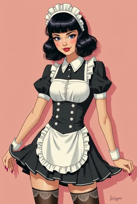 Roy Lichtenstein, a pretty maid girl, black hair, black maid uniform, overknee socks, garter belt, mini skirt