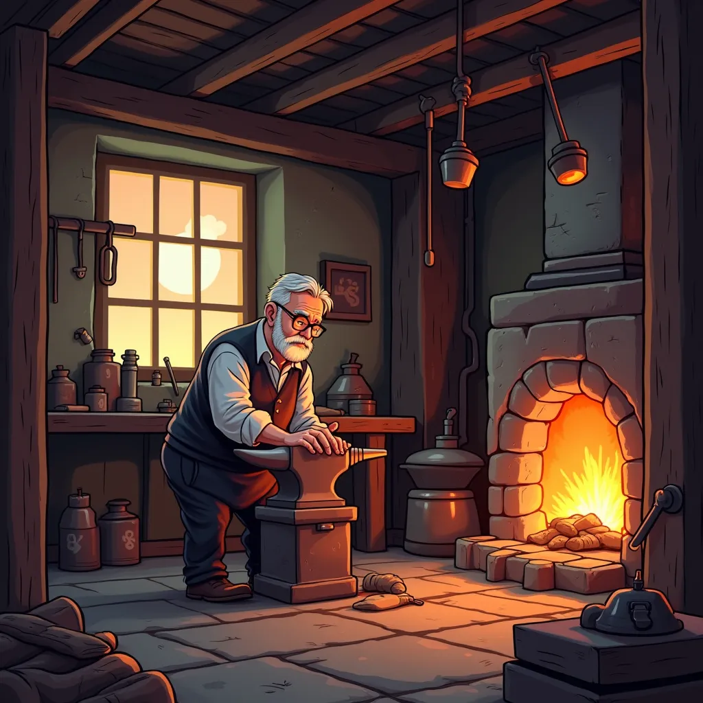 Chibi blacksmith workshop scene, flat 2D anime style with soft cel-shading, rust-red tones, middle-aged man polishing cold anvil in abandoned forge, broken bellows hanging like carcass, residual heat waves distorting air near extinguished furnace, moonligh...