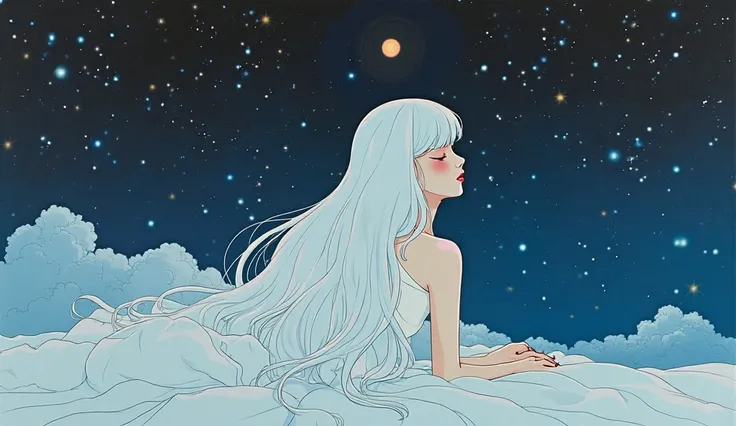 Hirhiroshi nagai painting. Sleep paralysis. Retro futuristic. White woman with long hair. Vintage filter. Galaxy and stars