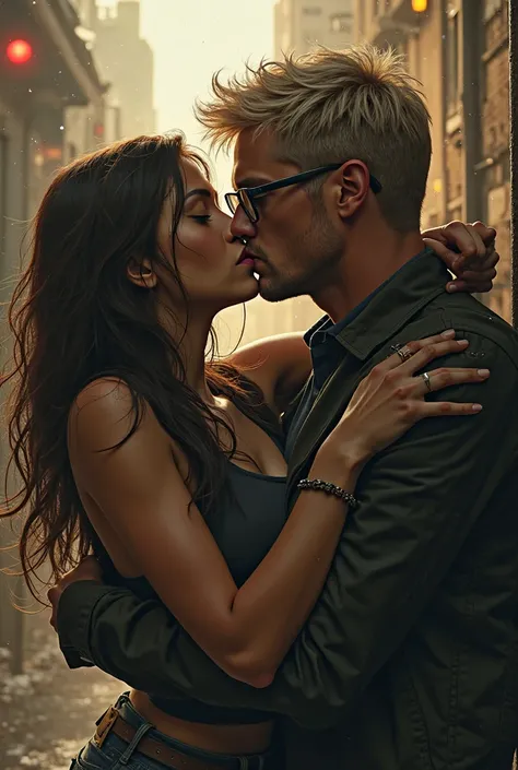 A blonde man wearing glasses in a hijacked, kissing a wheat-skinned girl