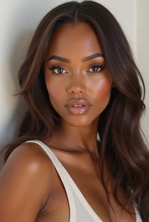 Vinessa Antoine with tanned skin, monolid eye shape, jet black eyes, long brown hair, soap brows, textured glowing skin, glossy lips, glowing makeup, eyeliner, wearing white tank top, white wall background