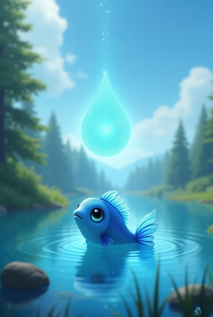 A small blue fish in a peaceful lake looks up at the sky, dreaming of flying. A magical glowing water droplet falls on its fins, and suddenly, it grows shiny wings.