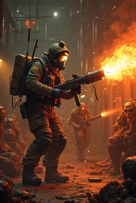 Character: A Firebug soldier wearing a gas mask and fire-resistant suit, holding a flamethrower mid-action.
Environment: The Biotac Company map, a dark industrial setting with biohazard warnings, flickering lights, and a sinister atmosphere.
Action: Flames...