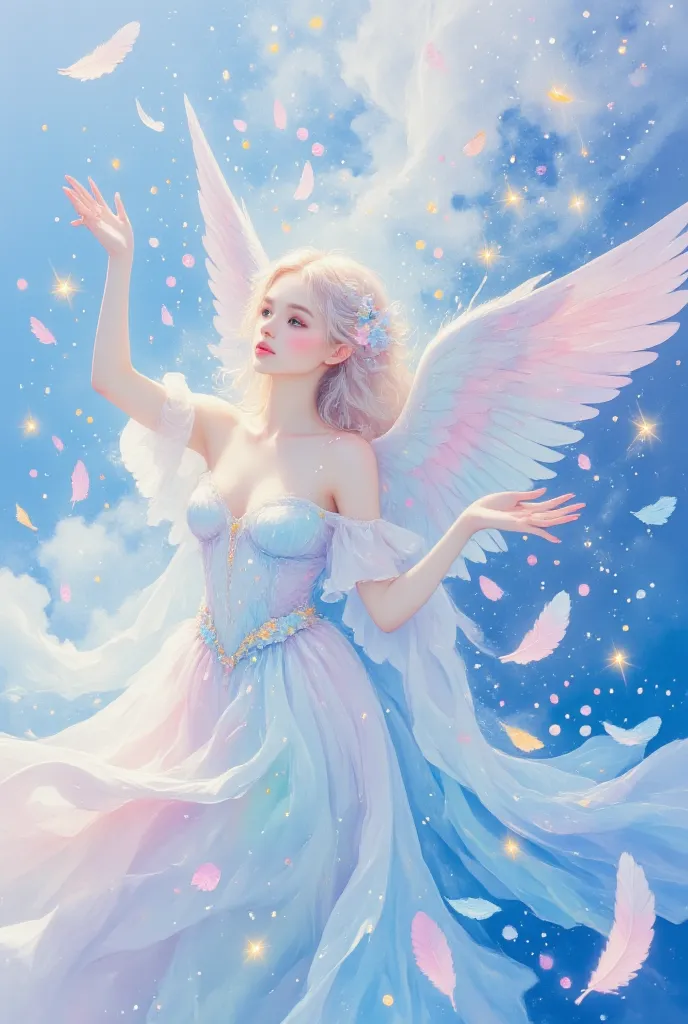 ultra detailed, absolutely resolution, masterpiece, , when the beautiful goddess flaps her wings, countless fluffy feathers rain down from the sky and she transforms into an angel, countless feathers fluttering down, fairytale fantasy wonderland worldview,...