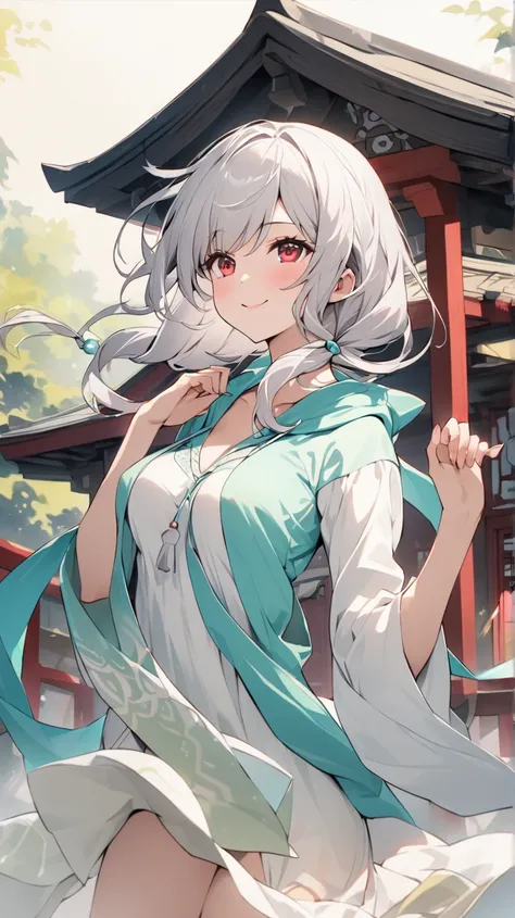 （Highest quality)、beautiful woman under hoodie（red eyes）Cute Elements 。beautiful woman under hoodieの顔、Shy expression、 Silver Hair、Scarlet Eyes、smile（ closes one eye、Looking up）、 Superb Woman 、A girl in the form of a cute shrine maiden 、One person、Moderate ...