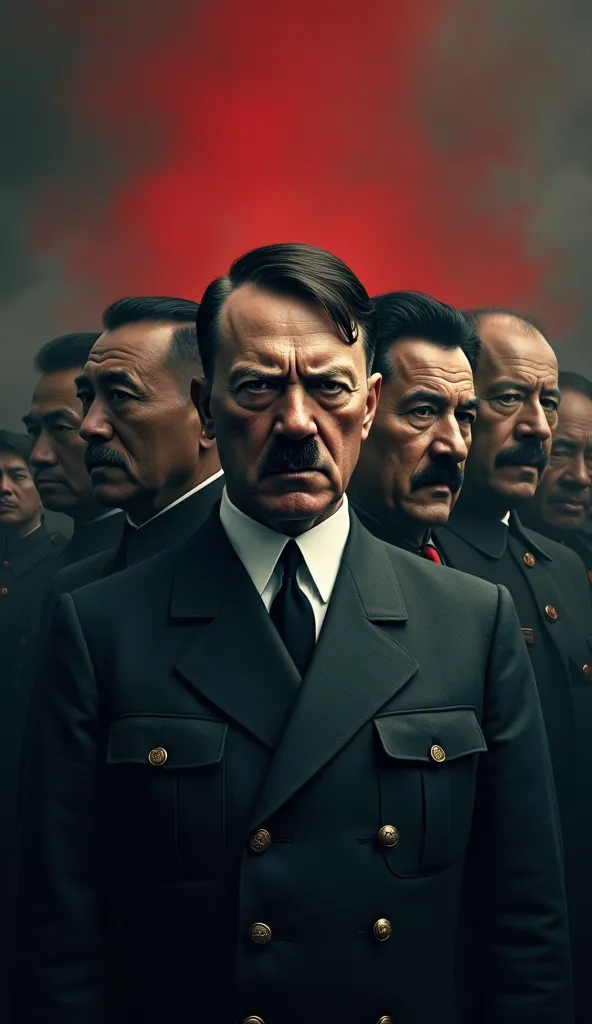 "A picture depicting the most ruthless leaders in history. The background should be in dark tones, such as black, red and grey, with armies or concentration camps blurred out to create atmosphere.

In the centre, Adolf Hitler should be prominently displaye...