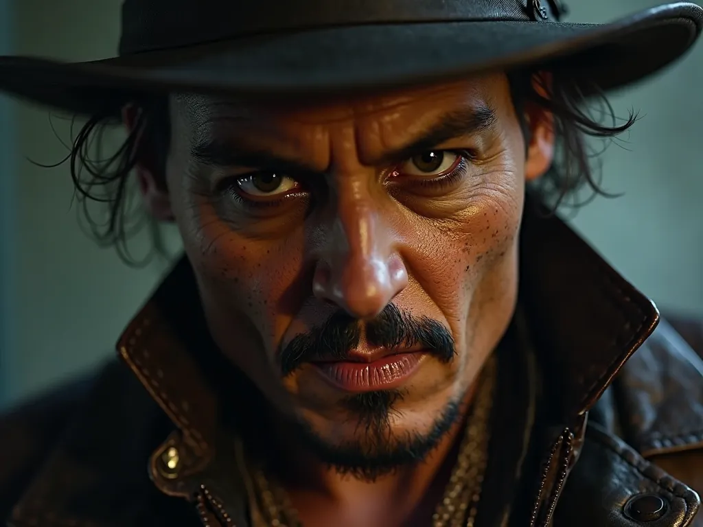 A close-up of Johnny Depp’s face, eyes burning with anger as he glares at the biker. His worn leather jacket and fedora add to his enigmatic and powerful aura. scene in night 
 