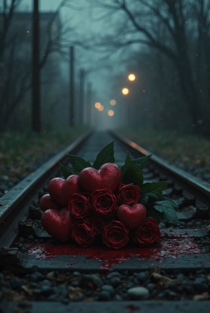 An abandoned place at night depressed looking and train rails and on the train rails a bouquet of hearts with blood 