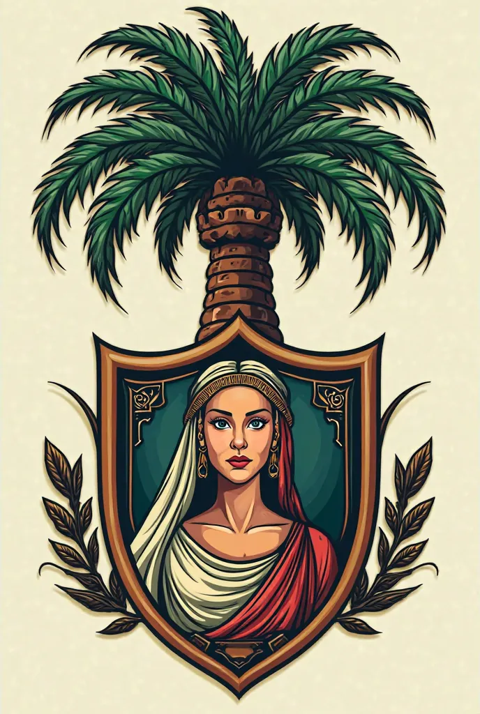 Logo in the form of a shield of the biblical character Débora on a palm tree where she judged