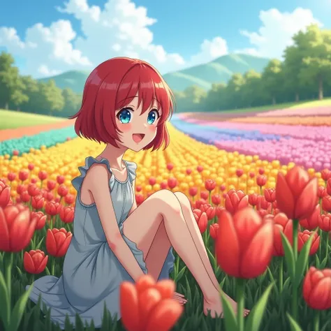 Imagine a young, light-skinned anime girl with short red bobbed hair and bright light blue eyes. She sits slightly to the left in a vibrant field of rainbow-colored tulips, smiling joyfully. She wears a light grayish-white sleeveless dress with a ruffled h...