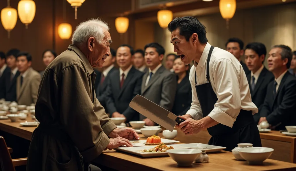 Inside a high-end sushi restaurant in Japan, an elderly Japanese man, around 80 years old, with white hair, a gentle yet weathered face, wearing a worn-out coat, loose fabric pants, and scuffed shoes, stands humbly at the reception counter. His back is sli...