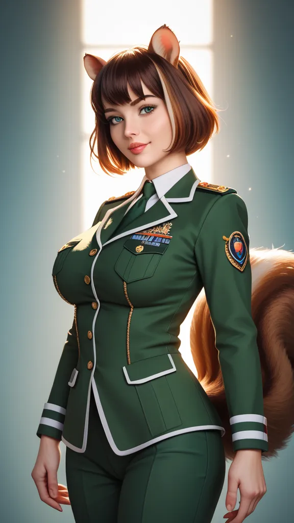 Sexy well-endowed voluptous Squirrel-girl in revealing military uniform saying "Thank you", Squirrel ears, Squirrel tail 