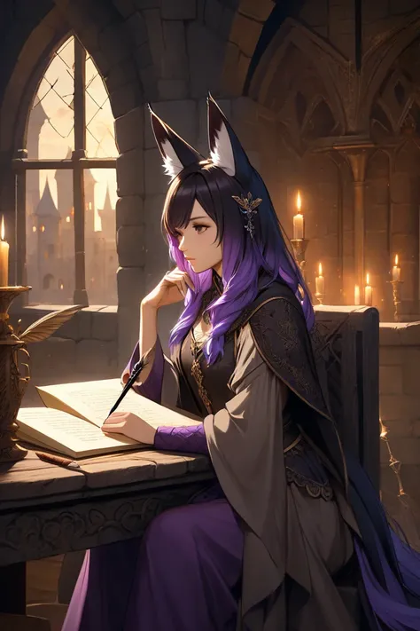 Woman, black and purple hair ombre, fox ears, writing with feather quil, medieval, brown eyes. 30 years old