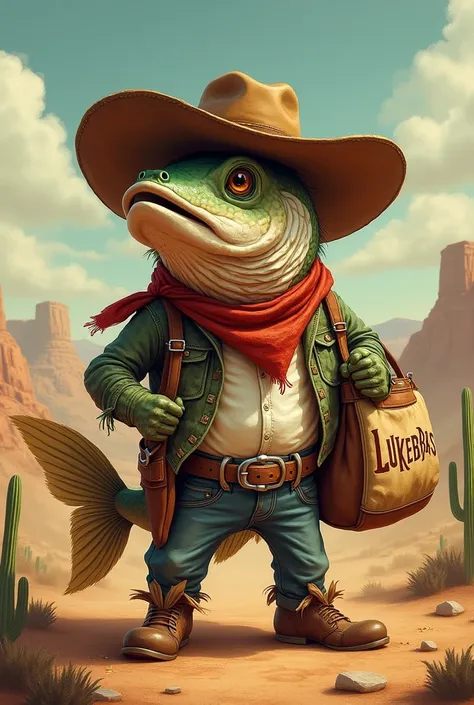 A cowboy style fish with a bag that says lukebag's 