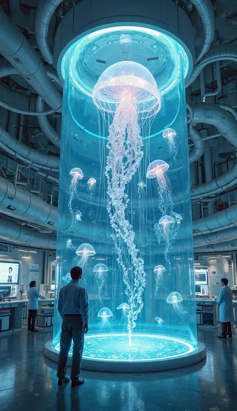 "A futuristic research lab with a giant transparent water tank where glowing Immortal Jellyfish float gracefully. Scientists are studying the tank with advanced holographic screens."