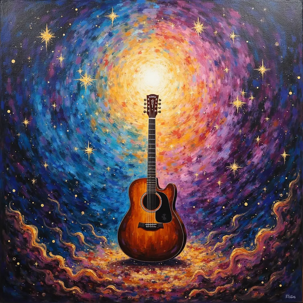 A vibrant and abstract painting featuring A Guitar In Middle Of stary space. The background is an explosion of bold, textured colors, with fiery purple, deep blue, and dark Gold together in a dramatic and expressive manner. The brushstrokes are bold and dy...