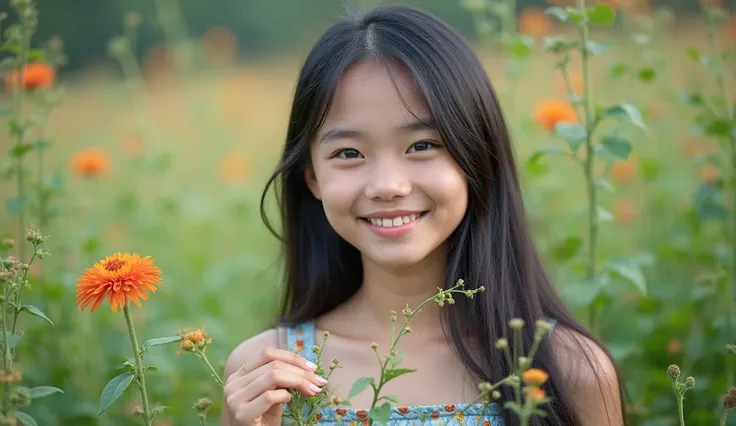 A photo of a young, slim-fit, busty Khmer girl with long black hair. She is 18 years old and is standing amidst green foliage and beautiful flowers. She is holding a Heard close to her face, and her gaze is directed towards the camera. She has a cute smile...