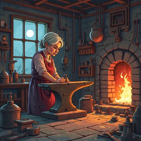 Chibi blacksmith workshop scene, flat 2D anime style with soft cel-shading, rust-red tones, middle-aged woman polishing cold anvil in abandoned forge, broken bellows hanging like carcass, residual heat waves distorting air near extinguished furnace, moonli...