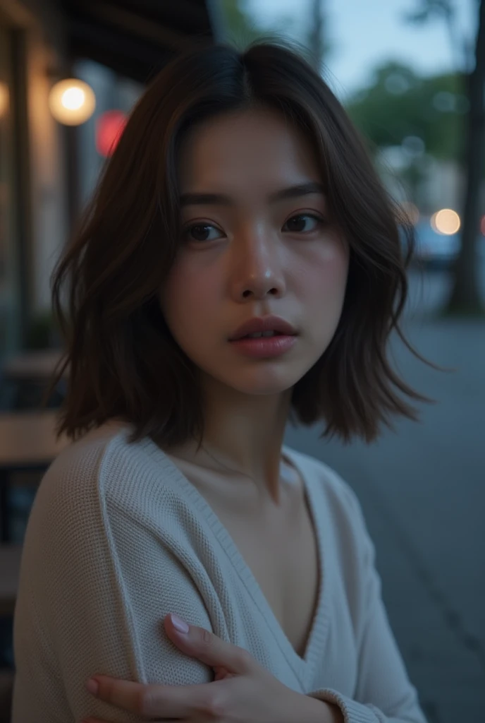 「A young woman looks away with an uneasy expression。
where eyebrows are slightly raised、expressing a sense of tension。
big eyes make you feel confused and afraid、an atmosphere where you care about your surroundings。
The background is a fuzzy urban cafe、or ...