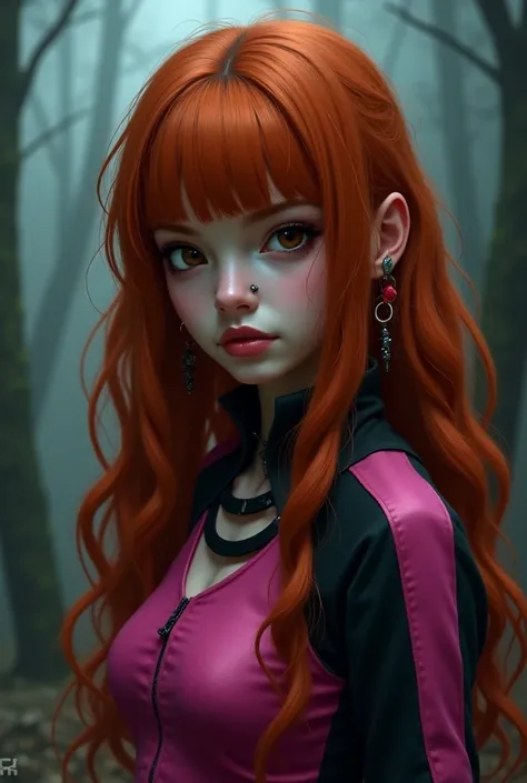 Long-haired girl with bangs, Ginger and a little curly, with dark brown eyes and with only one nose piercing. He has pink and black clothes. Drawn in the Resident Evil style