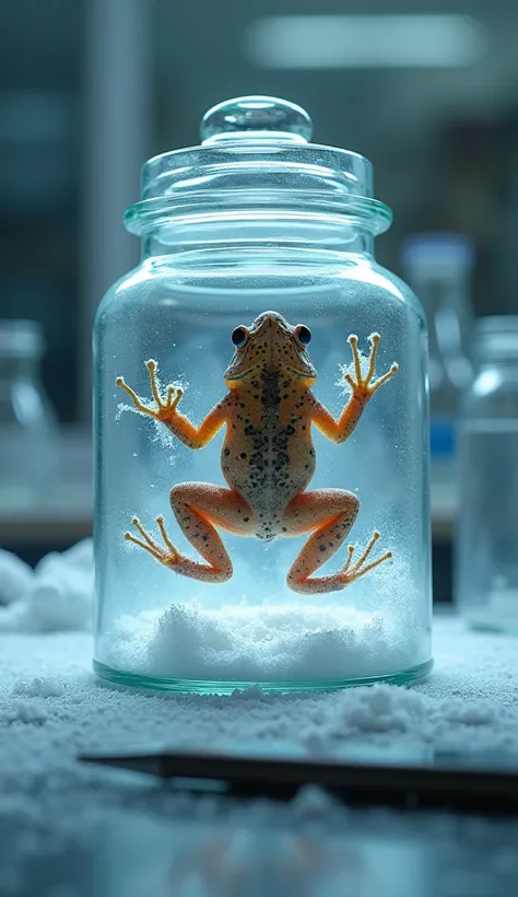 "A frozen Wood Frog inside a transparent glass jar placed on a scientist’s table. The jar has frost forming on the surface, and the background is a modern research lab."