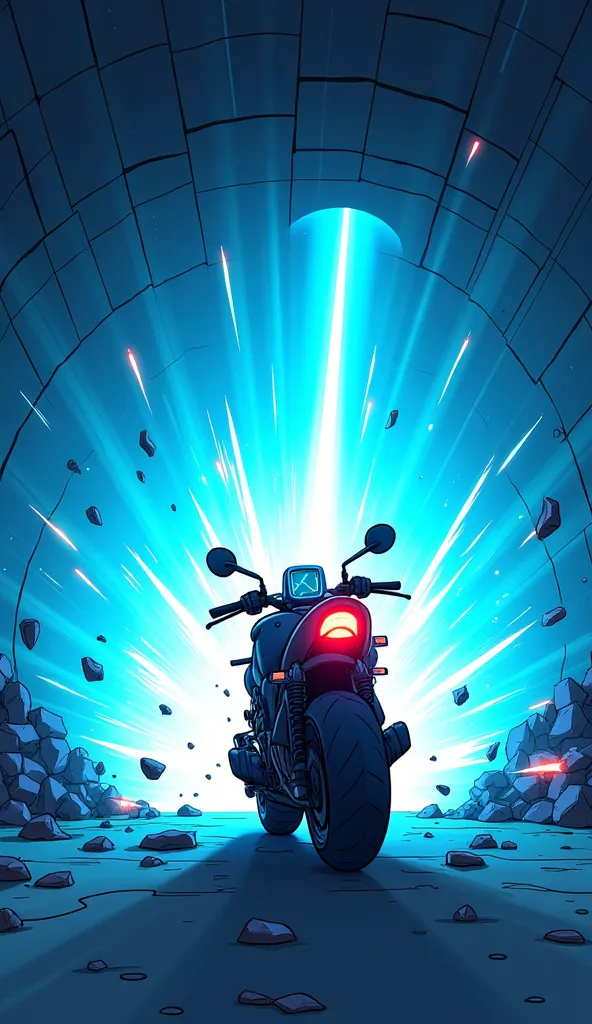 A cartoon-style scene showing a bright blue laser beam exploding upon impact with the mysterious motorcycle at the entrance of a tunnel. The explosion is intense, sending a burst of blue energy and sparks. The motorcycle is engulfed in the explosion, with ...