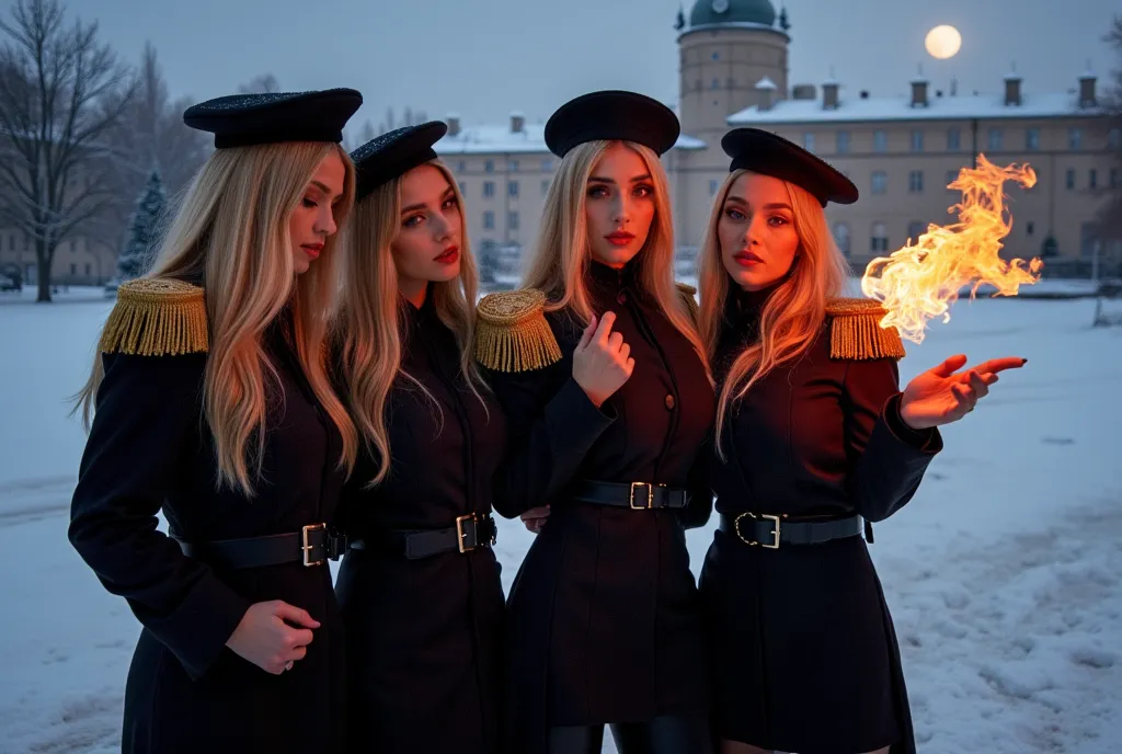 4 women over 30, Girlfriends cuddle,blond long hair,black military cap, bright red eyes, spout, sponges,  Cute face , of Slavic appearance, giant breasts, black military uniform , imperial guard,black fitted long winter military coat (golden shoulder strap...