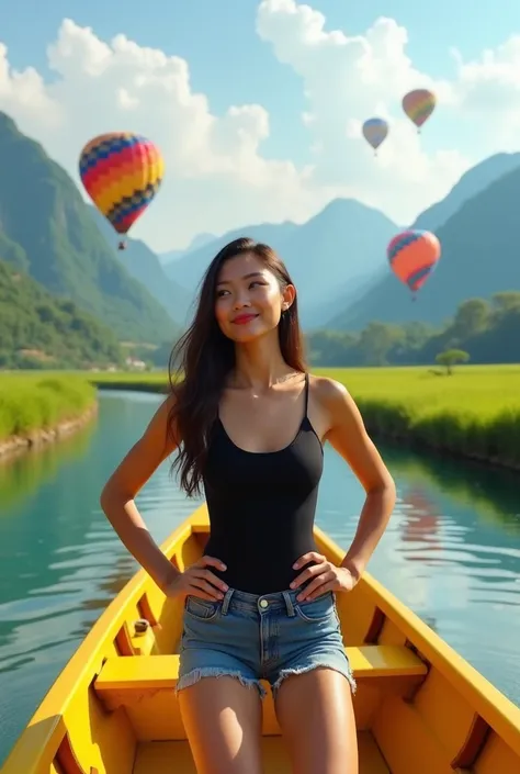 Portrait of Thai woman with long hair, face, honey-colored skin, beautiful figure, beautiful slender legs. She wears a black doll bodysuit and a pair of short jeans at the bottom, on a yellow canoe floating on a clear river. On both sides of the river, the...