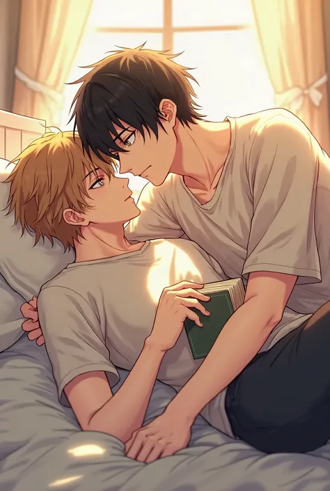 This is a cover of a BL (Boys' Love) novel or webtoon. The artwork features two young men in an intimate setting. One character, with black hair and a tall, lean build, is leaning over another character who has light brown hair and is lying on a bed while ...