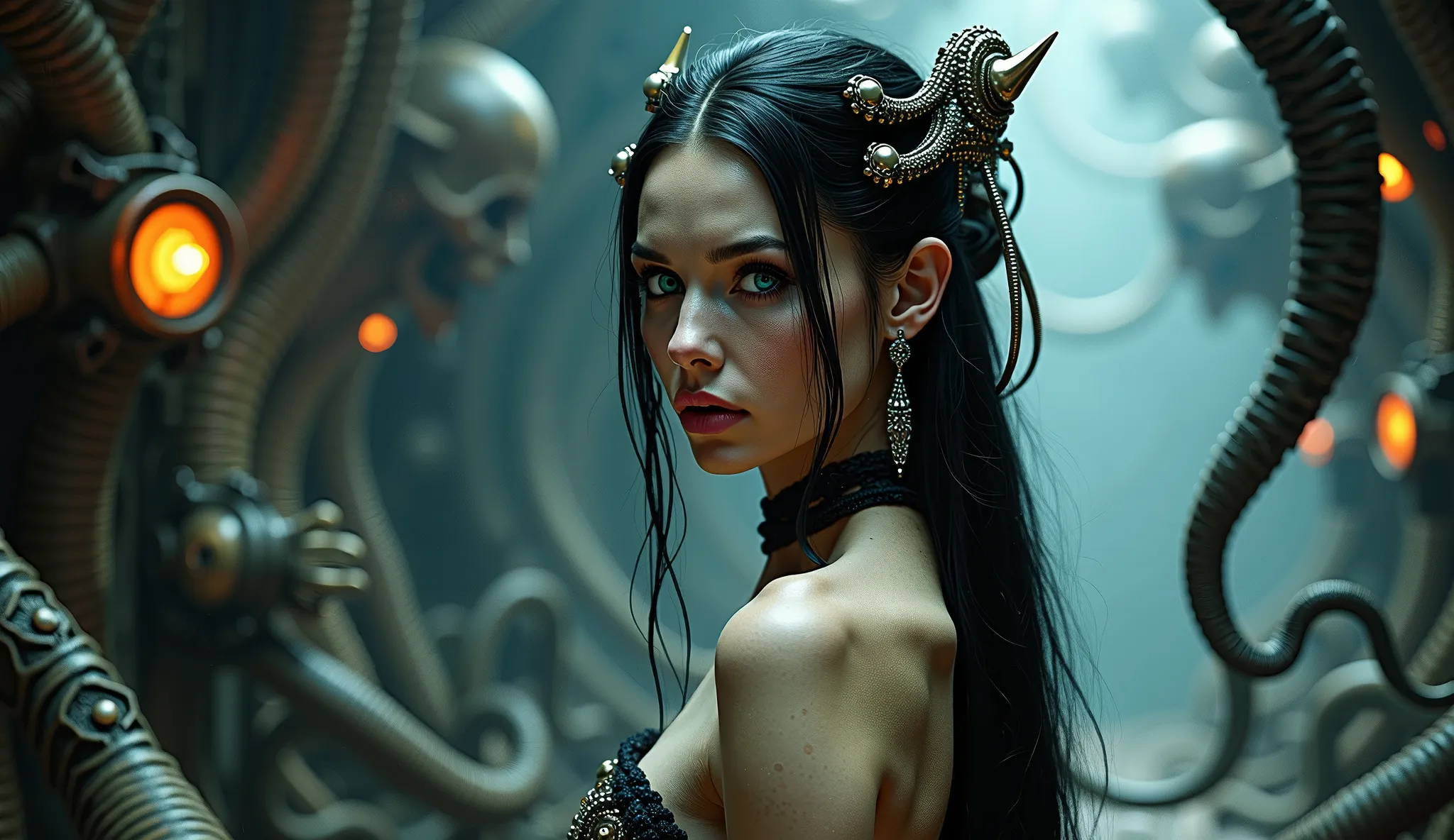 Create an intricate and atmospheric scene that blends the surreal, biomechanical style of H.R. Giger with the dark, unsettling ambiance of Hellraiser. The focal point is a woman with pale skin, striking blue eyes, and long, luxurious black hair styled eleg...