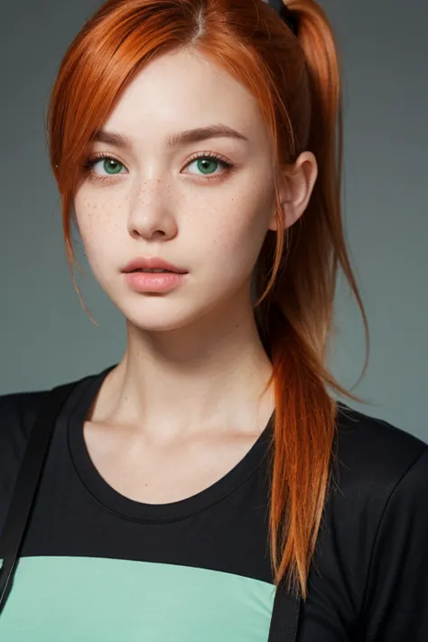  A Caucasian woman, with orange hair, which is informally attached, making a ponytail and leaving two Straps of hair separated at the front, his eyes are an intense water green color, Her nose is small and thin , has freckles that cover the middle area of ...